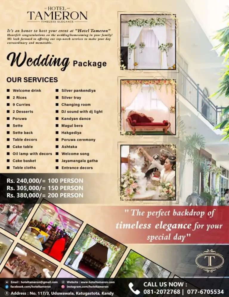 elegant wedding hall near Katugastota at Hotel Tameron, offering a perfect venue for unforgettable events, celebrations, and weddings. Our wedding hall provides a spacious, beautifully designed setting for your special day. Whether you're searching for wedding halls near Katugastota, a wedding hall Kandy, or a hotel for events, Hotel Tameron offers the ideal location. Enjoy exceptional catering and service at our banquet hall Katugastota or hotel for parties Katugastota, ensuring every event is a memorable experience. budget friendly wedding halls in kandy, tameron hall